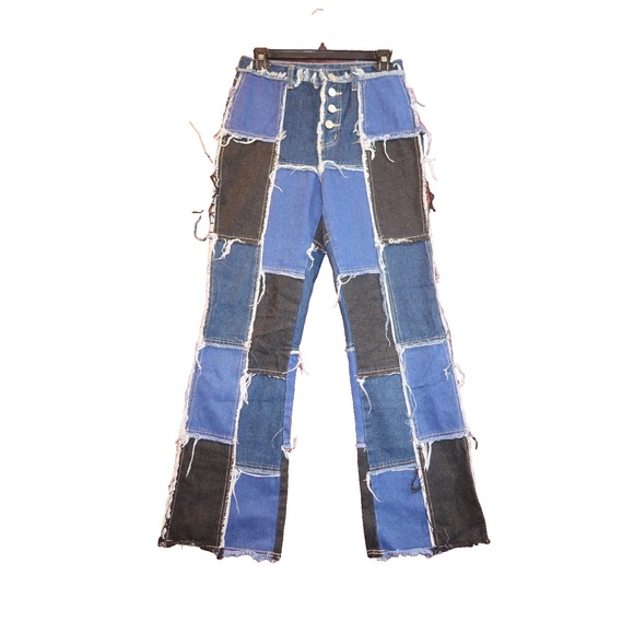 SHEIN Denim - Patchwork Denim Jeans Womens XS Blue Black Raw Edge Straight Leg Y2K